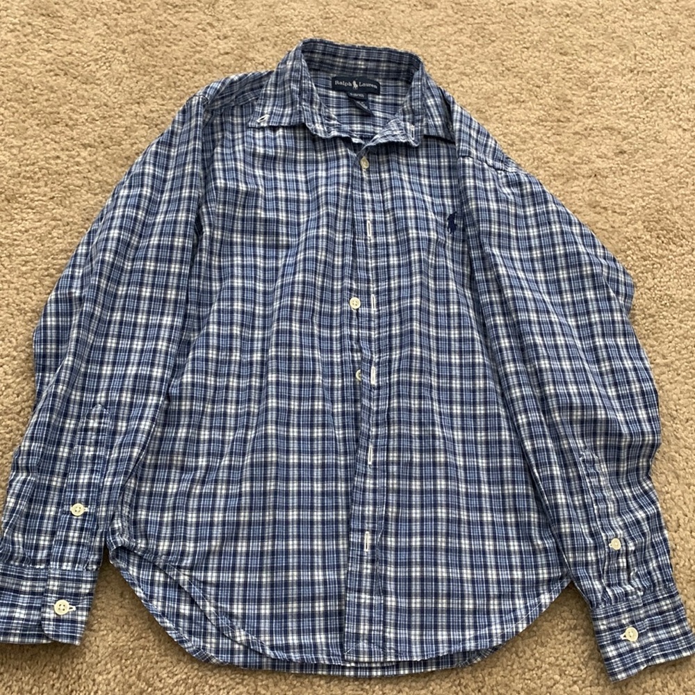 Boy’s Ralph Lauren buttoned up Blue long sleeve polo shirt. Sz S8/10 Worn once.